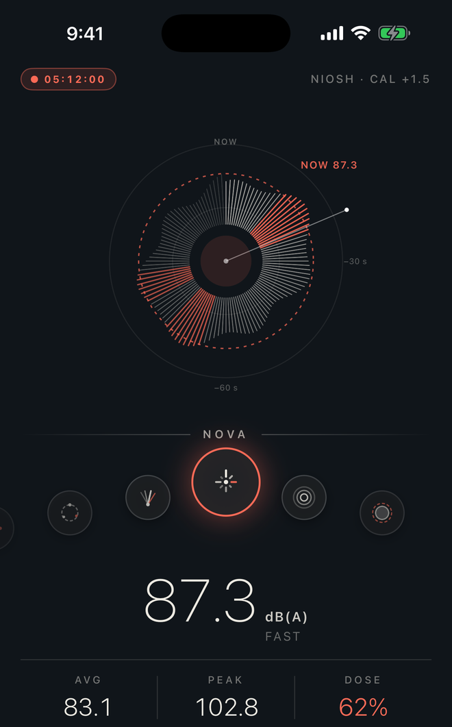 SonoLab's Meter tab showing the Nova face: a radial burst of the last 60 seconds around a live reading of 87.3 dB(A).